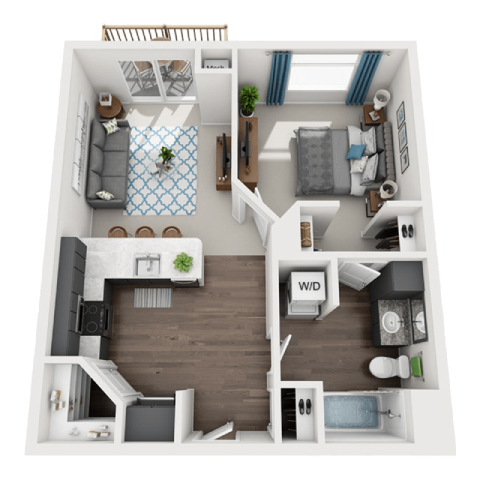 a 3d drawing of a bedroom with a bathroom and a living roomat SoRoc On Maine, Rochester, MN 