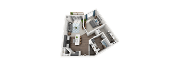 a 3d floor plan of a bedroom with a bathroom and a living roomat SoRoc On Maine, Rochester, 55904