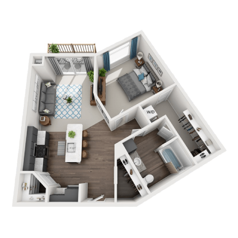 a 3d floor plan of a bedroom with a bathroom and a living roomat SoRoc On Maine, Rochester, 55904