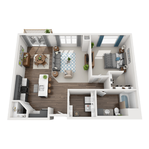 a 3d view of a bedroom with a living roomat SoRoc On Maine, Rochester