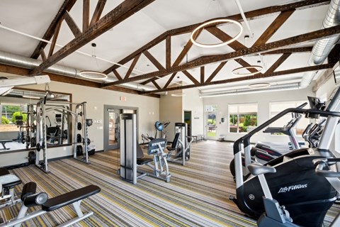 A gym with a variety of equipment including treadmills, weights, and exercise machines.at SoRoc On Maine, Rochester, MN 55904