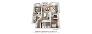 A 3D floor plan of a two-bedroom apartment with dimensions and a disclaimer.