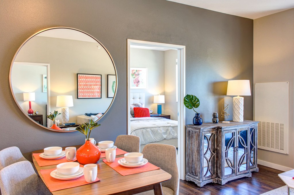 Living area with wood style flooring at SoRoc On Maine, Rochester, MN 55904