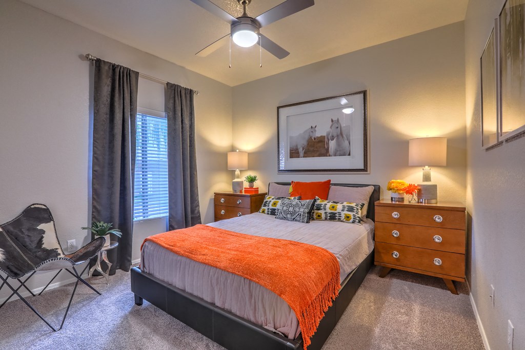 Bedroom with ceiling fan at Arterra, Albuquerque, NM
