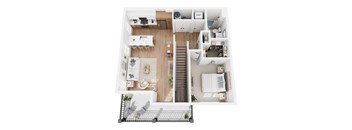 Apartment A1 floor plan showing a 1 bedroom, bathroom, living room, kitchen and balcony