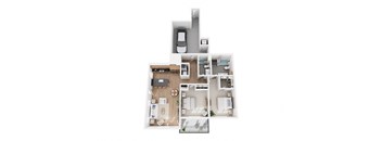 Apartment B floor plan showing a two bedroom, two bathroom apartment with attached garage