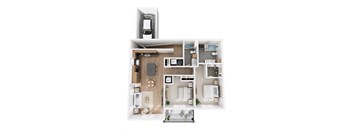 Apartment B1 floor plan showing a 2 bedroom, 2 bathroom apartment with attached garage