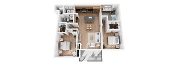 Apartment B2 floor plan showing a two bedroom, two bathroom apartment with kitchen and living room