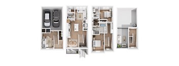 Townhome B floor plan showing a 3-story townhouse with 2 bedrooms, 2.5 bathrooms and roof deck