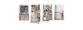 Townhome C floor plan showing a 3-story townhome with 3 bedrooms, 2.5 bathrooms 2-car garage and private roof deck