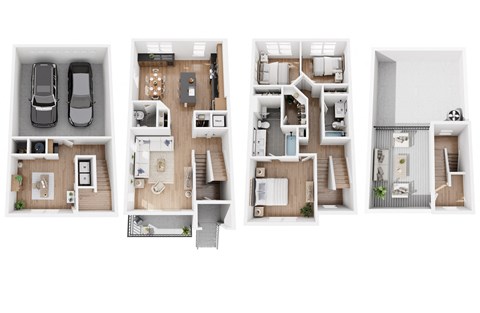 Townhome C floor plan showing a 3-story townhome with 3 bedrooms, 2.5 bathrooms 2-car garage and private roof deck