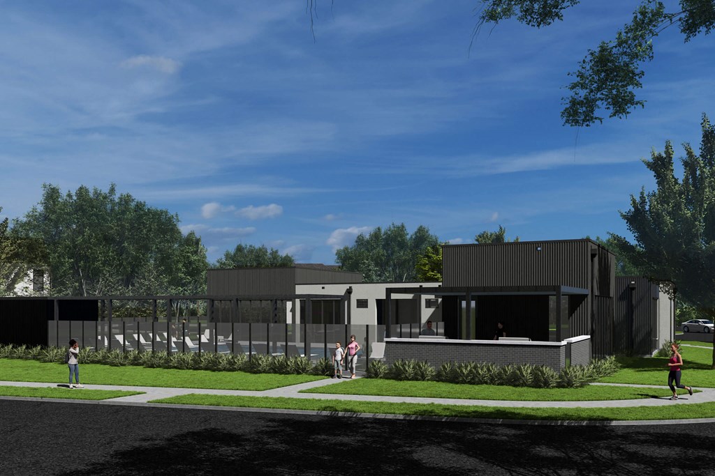 a rendering of a building with a yard and grass