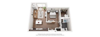 A floor plan of a small apartment with a bedroom, living room, and kitchen.