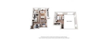 A floor plan of a two-bedroom apartment with a kitchen and living room.