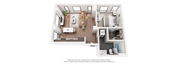 A 3D floor plan of a small apartment with a kitchen, living room, and bathroom.