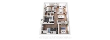 A 3D floor plan of a small apartment with a kitchen, living room, and bathroom.