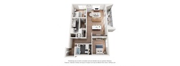 A 3D floor plan of a small apartment with a kitchen, living room, and two bedrooms.