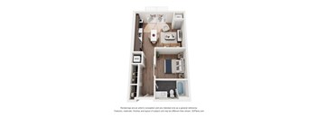 A 3D floor plan of a small apartment with a kitchen, living room, and bathroom.