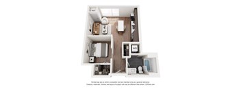A 3D floor plan of a small apartment with a kitchen, living room, and bathroom.