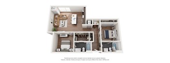 A 3D floor plan of a house with labeled rooms.