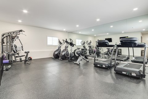 A spacious gym with treadmills, exercise bikes, and other equipment.