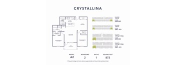 A floor plan for a property called Crystallina, showing the layout of the rooms and their approximate square footage.