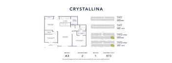 A floor plan for a property called Crystallina, with a total of 873 square feet, including 2 bedrooms and 1 bathroom.