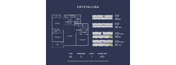 A blueprint of a house named Crystallina with a living room, dining room, kitchen, and bathrooms.