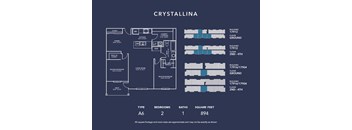 A blueprint of a house named Crystallina, showing the layout of the rooms and the square footage of the building.