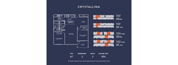 A blueprint of a house named Crystallina, with a living room, two bedrooms, two bathrooms, and a master bedroom.