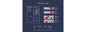 A blueprint of a building named Crystallina with a floor plan and a series of red blocks indicating the square footage of different sections.