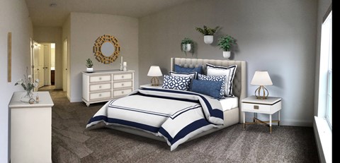 a bedroom with a bed with blue and white comforter and pillows