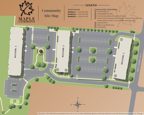 Maple Commons community site map with buildings and amenities.