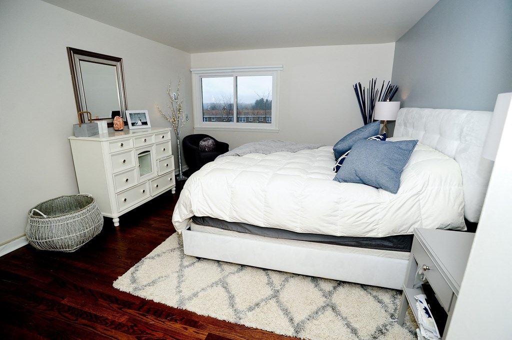 a bedroom with a bed and a dresser and a window
