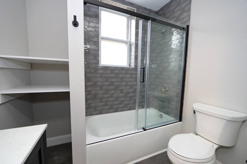 a bathroom with a toilet and a shower