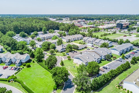 A bird's eye view of a residential area with houses and greenery.