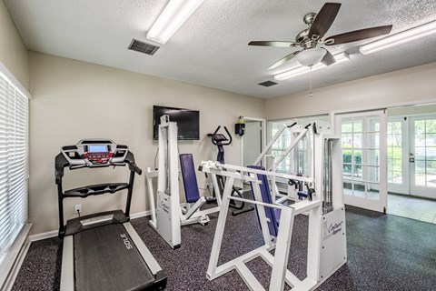 A home gym with a treadmill, a stationary bike, and a weight bench.
