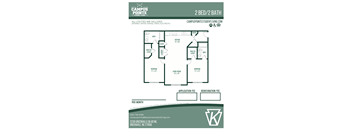 A floor plan for a 2 bedroom 2 bath apartment at Campus Pointe.