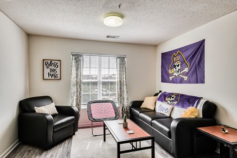 A living room with a couch, chair, and a banner on the wall.