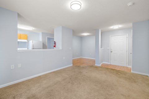 A room with a carpeted floor and a white door.