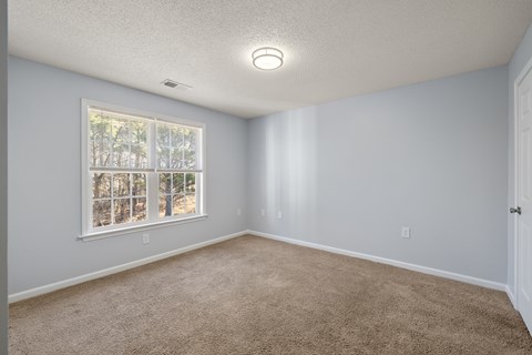 A room with a carpeted floor and a window.