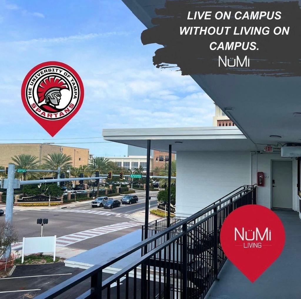 a picture of a building with a sign that says live on campus without living on