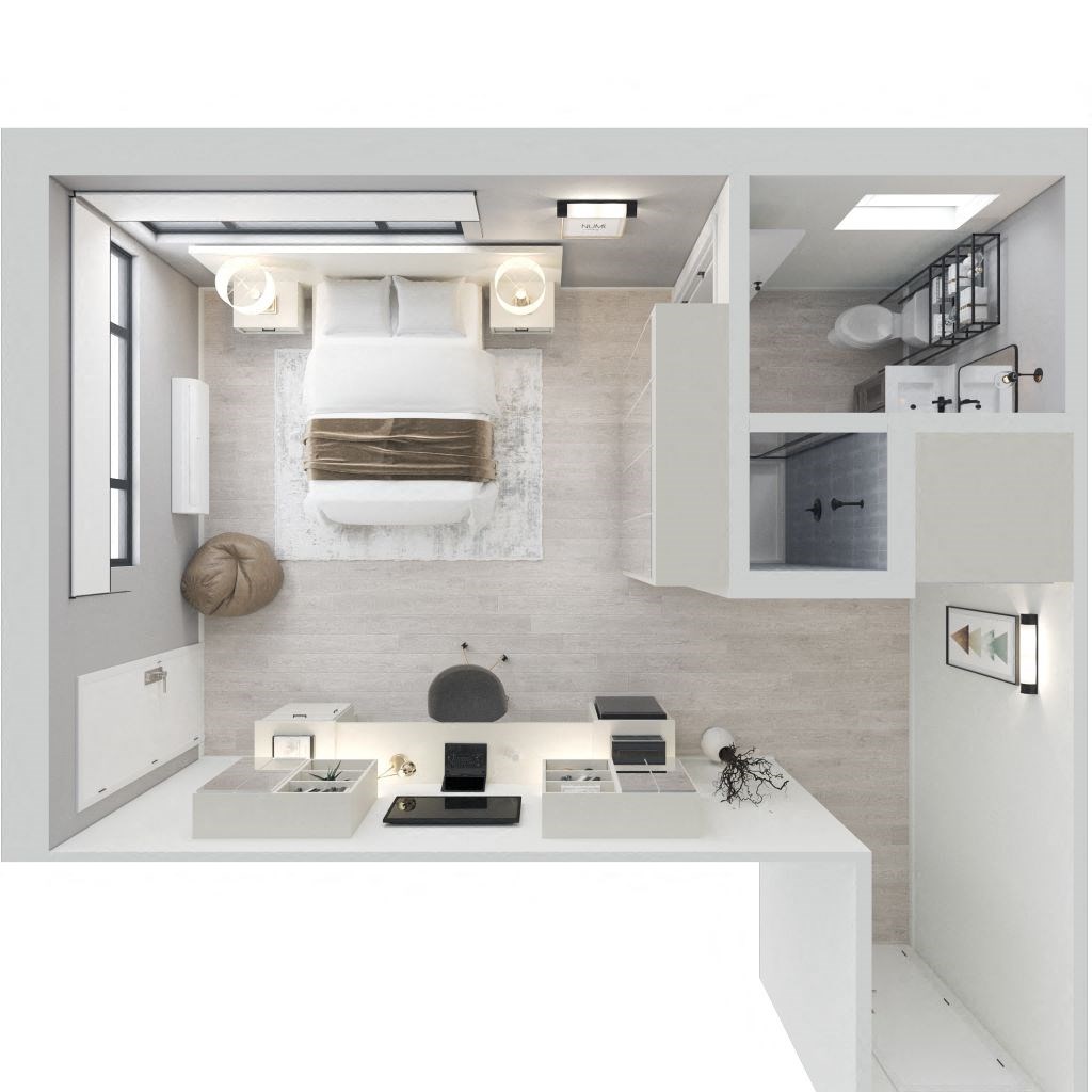 a view of the kitchen and living room of a 1 bedroom apartment