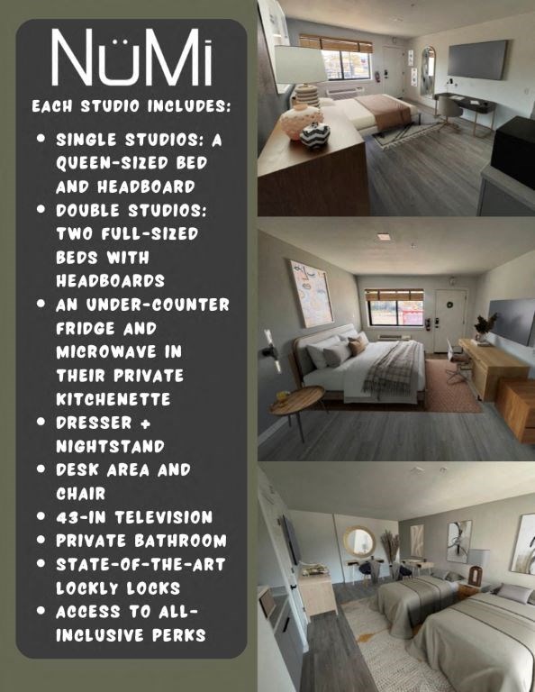 each studio includes a queen sized bed and a headboard