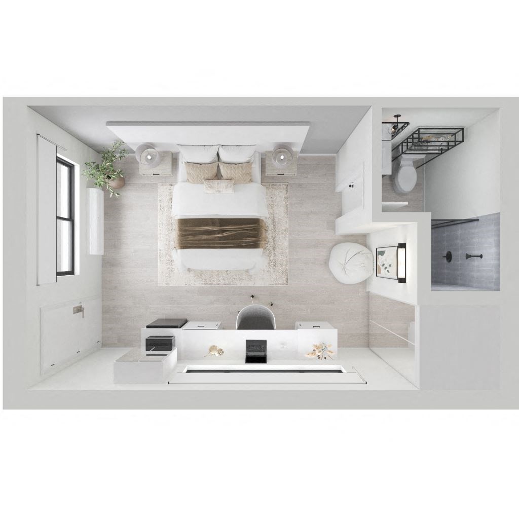 a bedroom with a desk and a bed