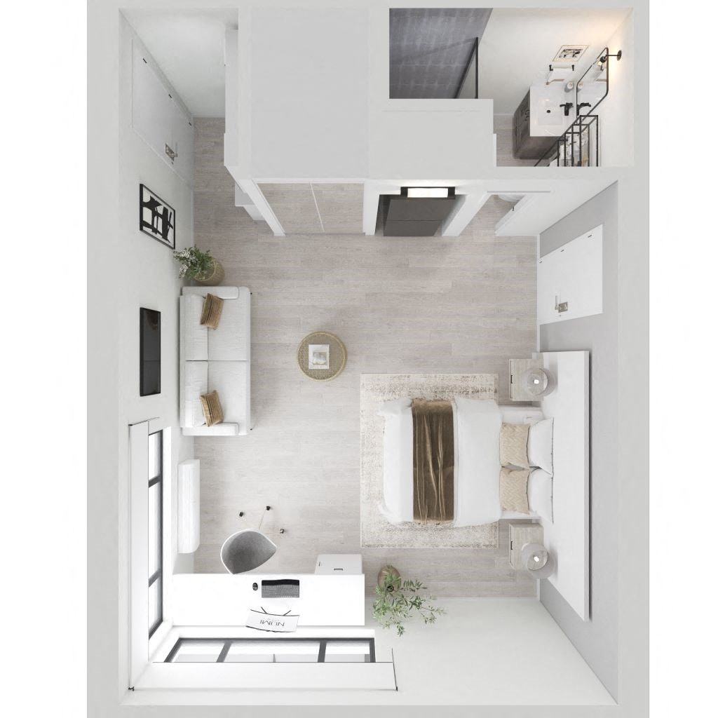 a view of the living room from the upper floor of a small apartment