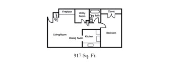 A black and white diagram of a 917 square foot home layout.