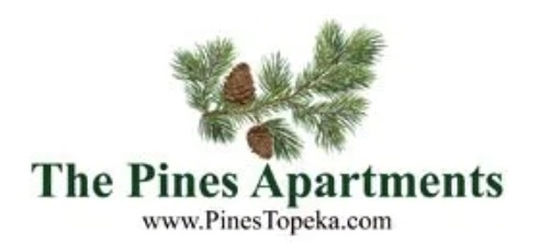 A logo for The Pines Apartments with a pine branch and pine cone.