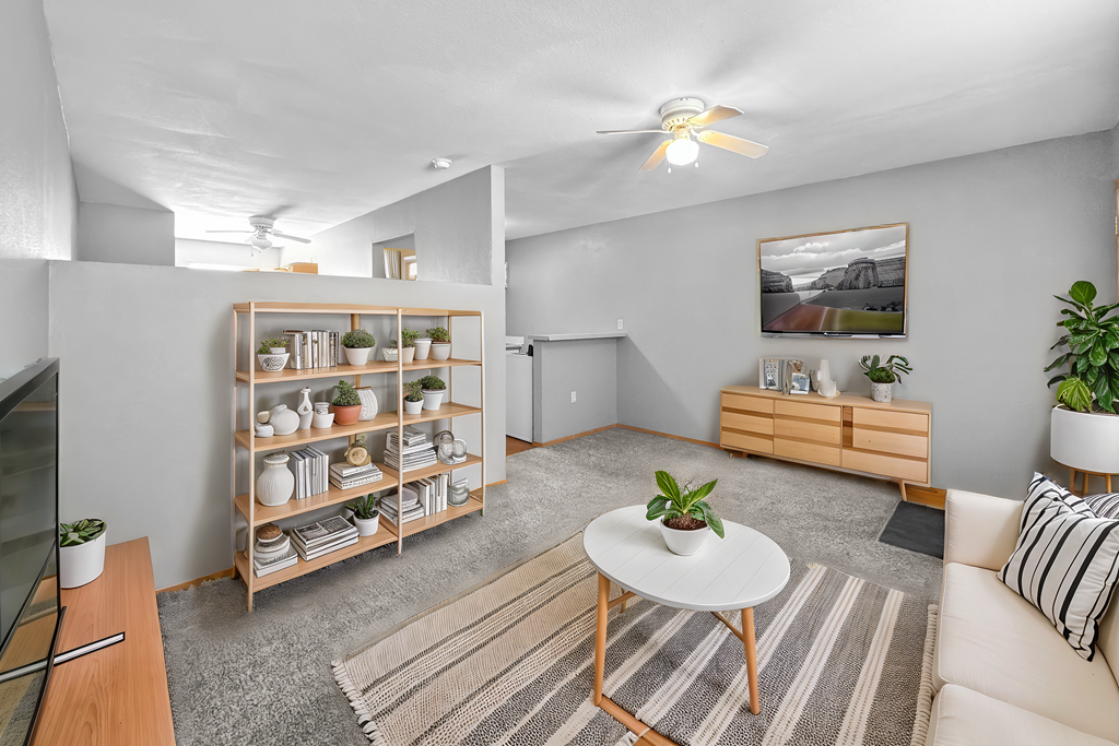 A living room with a white ceiling fan, a white coffee table, a wooden shelf with plants, and a striped rug on the floor.