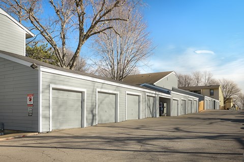 A row of garage doors are closed.